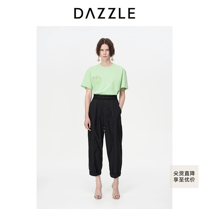 DAZZLE地素绣花T恤2023秋装新款纯棉圆领短袖休闲上衣女2H3B315