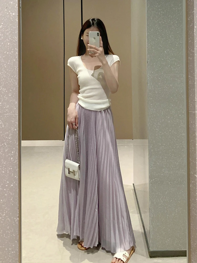 法式短袖t恤上衣紫色搭配高腰百褶半身裙垂坠感a字裙长裙两件套女