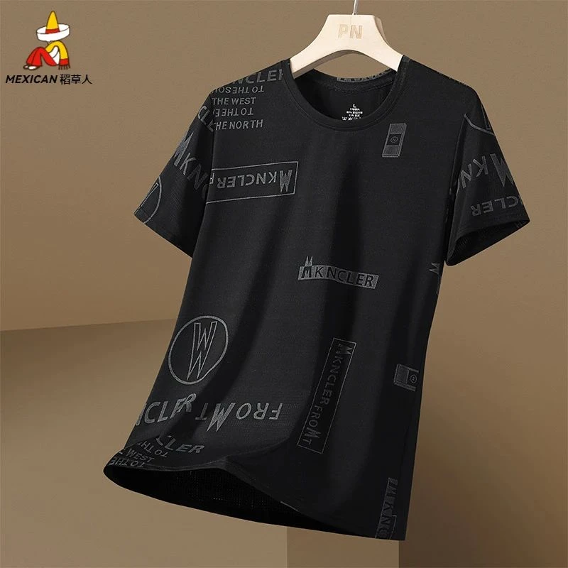 稻草人夏季2025新款男士圆领短袖冰感降温弹力冰丝休闲百搭运动