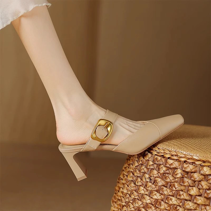 运费险!羊皮拖鞋女夏外穿真皮高跟鞋女粗跟半托鞋穆勒鞋包头凉鞋