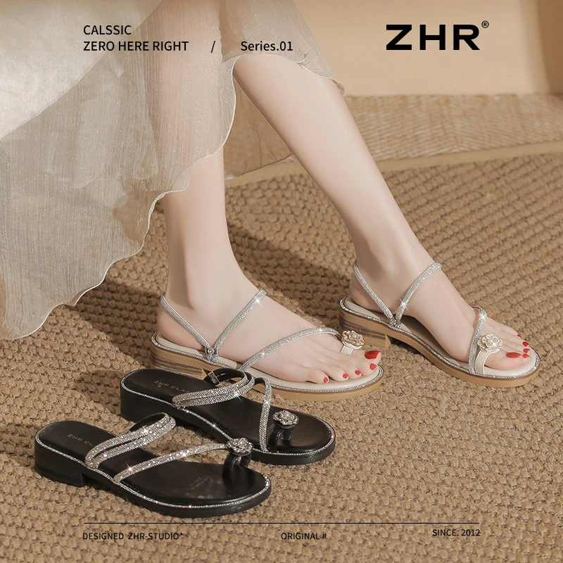 ZHR/则则法式凉鞋女夏季百款水钻一字带两穿气质套趾轻奢温柔拖鞋