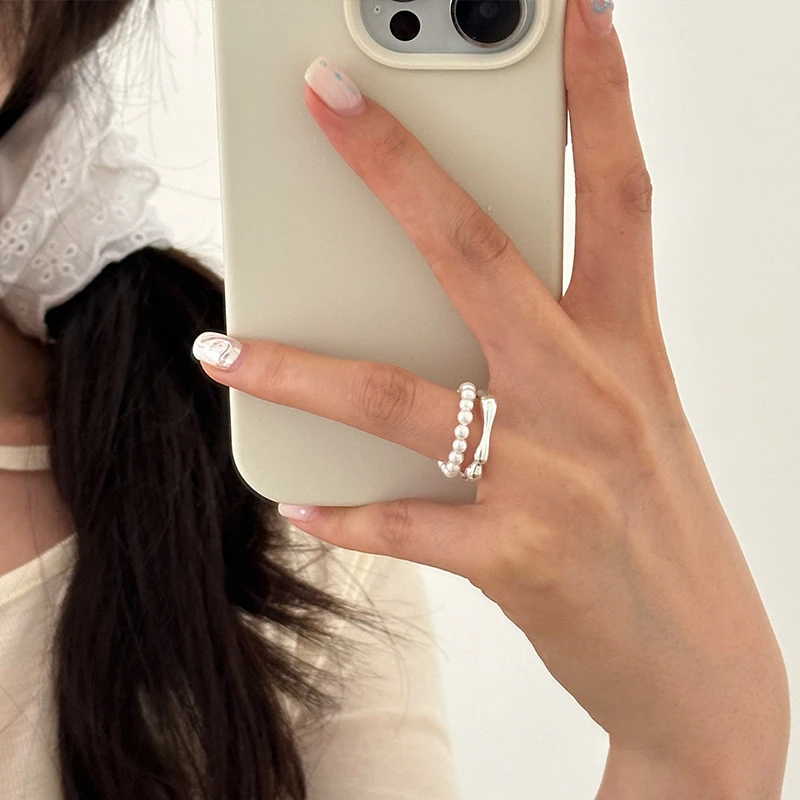 925银戒指 925纯银双层珍珠戒指女简约小众设计冷淡风开口戒