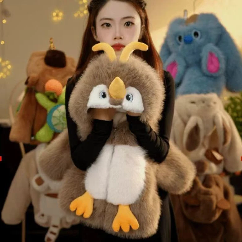 男女童冬季新款可爱企鹅仿貂毛兔毛外套萌宝卡通加绒加厚保暖草草