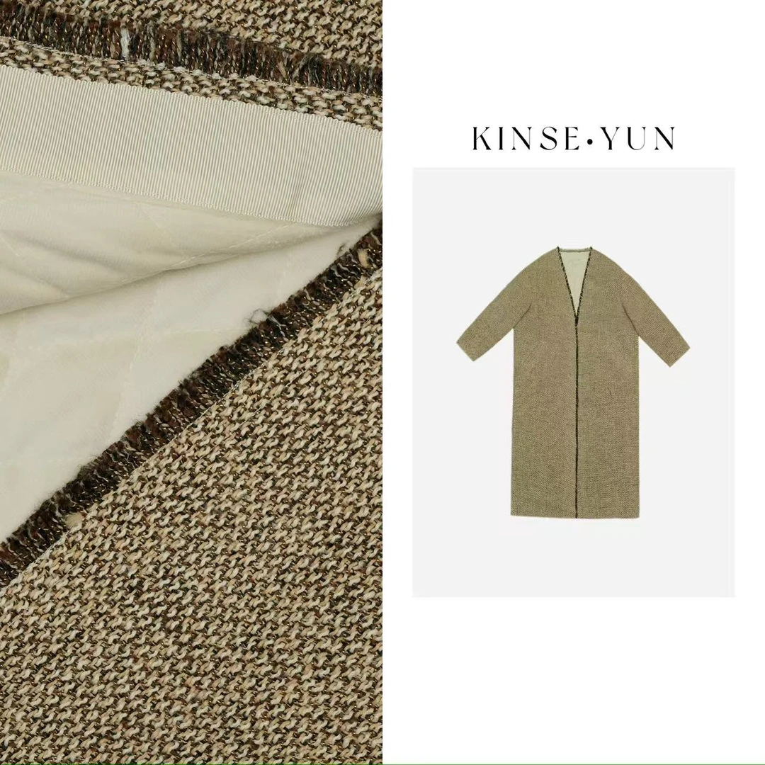 KINSE YUN『金丝大衣』无领流浪风混纺杂色羊毛慵懒过膝大衣QD1008
