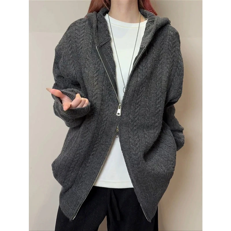 潮牌双拉链连帽毛衣男秋复古痞帅纯色麻花针织衫vibe百搭宽松夹克