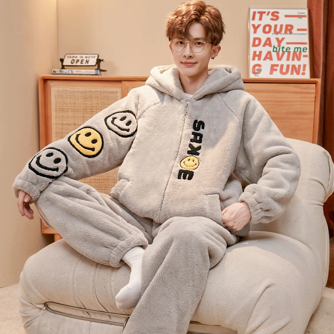 保暖睡衣冬季珊瑚绒男士加厚加绒大码青少年男款可外穿冬款家居服