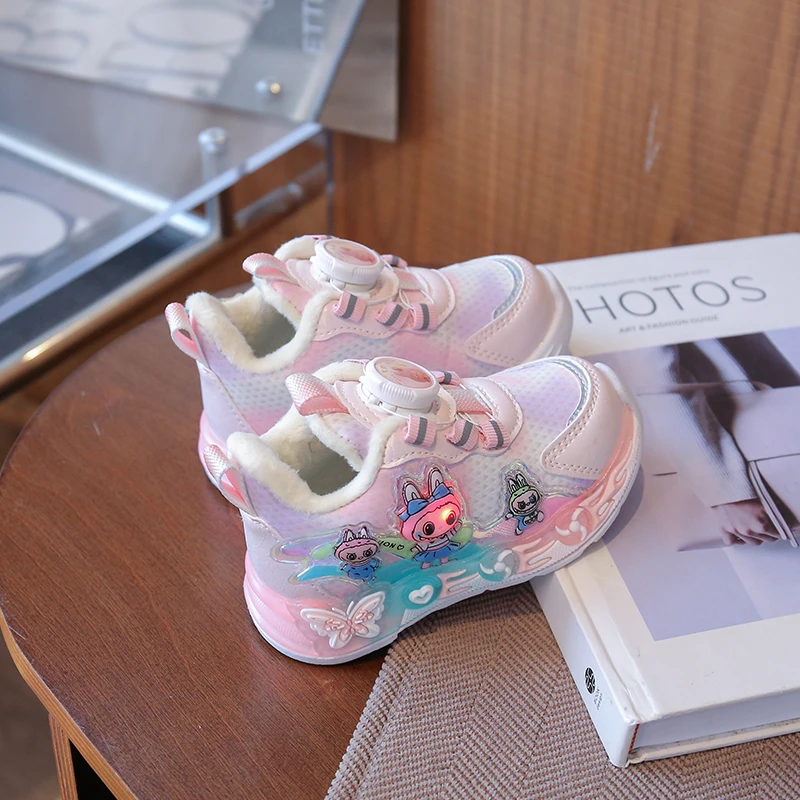 亮灯拉布布冬季加绒皮面防水保暖棉鞋女童鞋子女宝公主鞋防滑软底