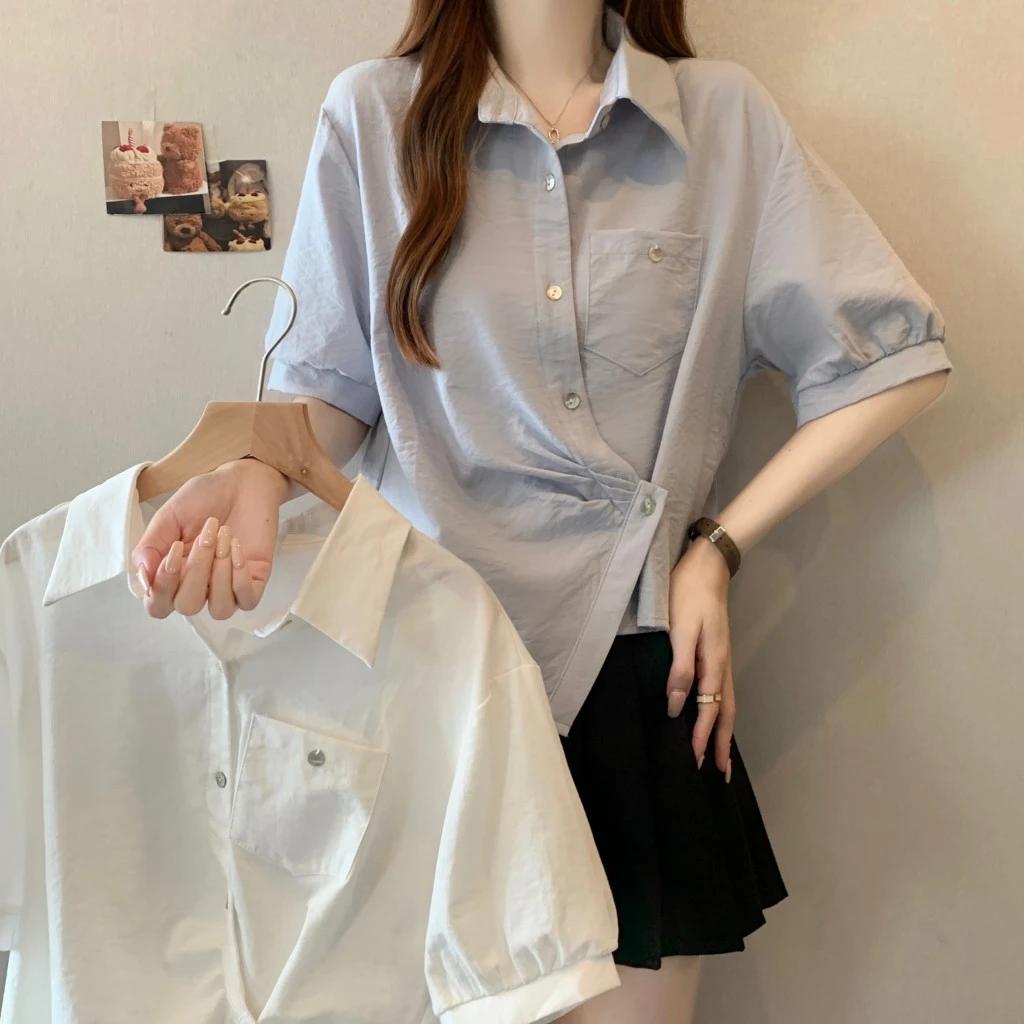 大码女装胖mm夏新款2025设计感显瘦不规则短袖百搭时尚上衣衬衫女