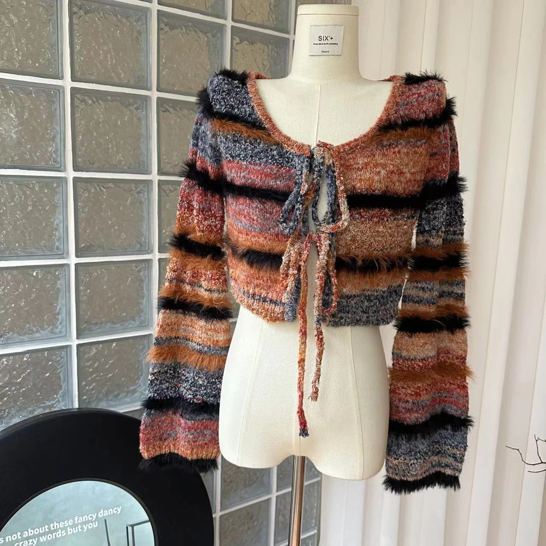 撞色条纹针织套装女蝴蝶系带毛衣开衫外套秋冬季新款吊带连衣裙