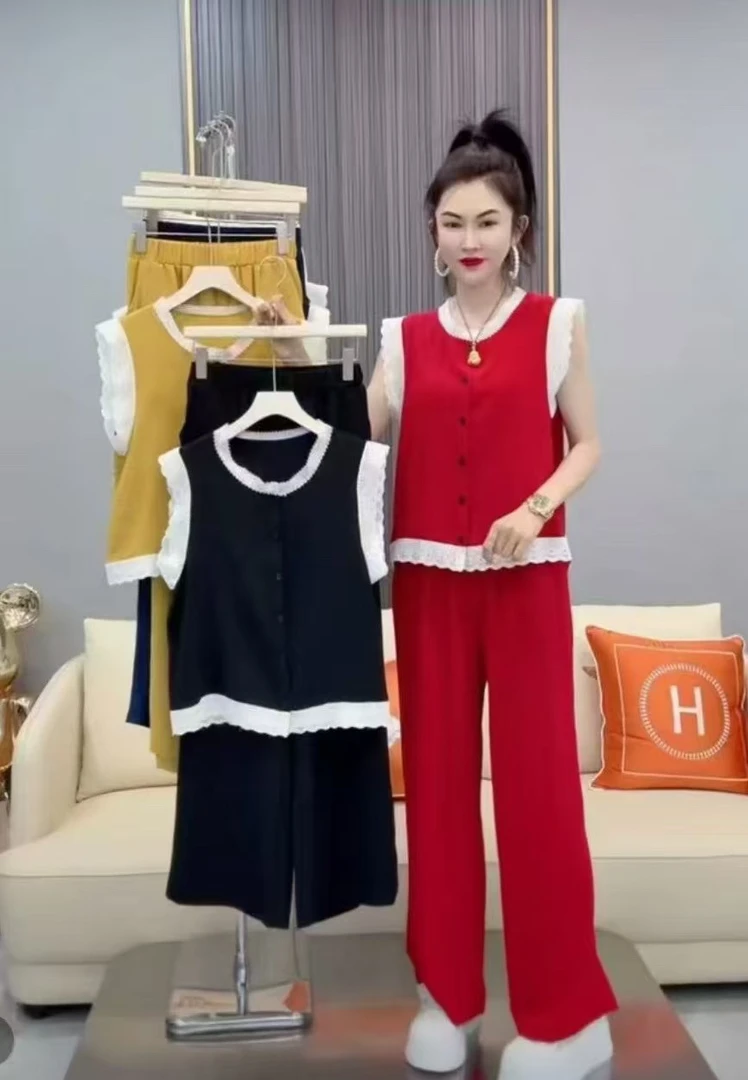 月月家：蕾丝拼接马甲阔腿裤套装女夏新款韩系高级感超好看两件套