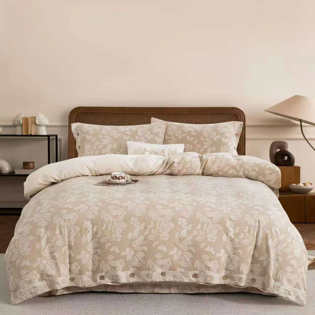 【法国进口】無染高端亚麻棉麻冬季四件套双层纱亚麻冬季床裙四件套