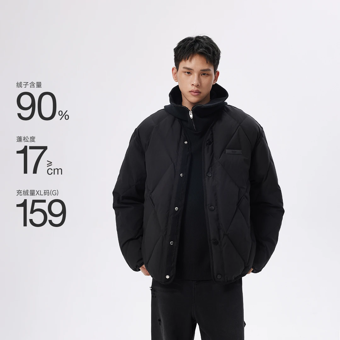 CHINISM赤尘 无领菱形格羽绒服男轻薄冬季美式男士黑色短款外套