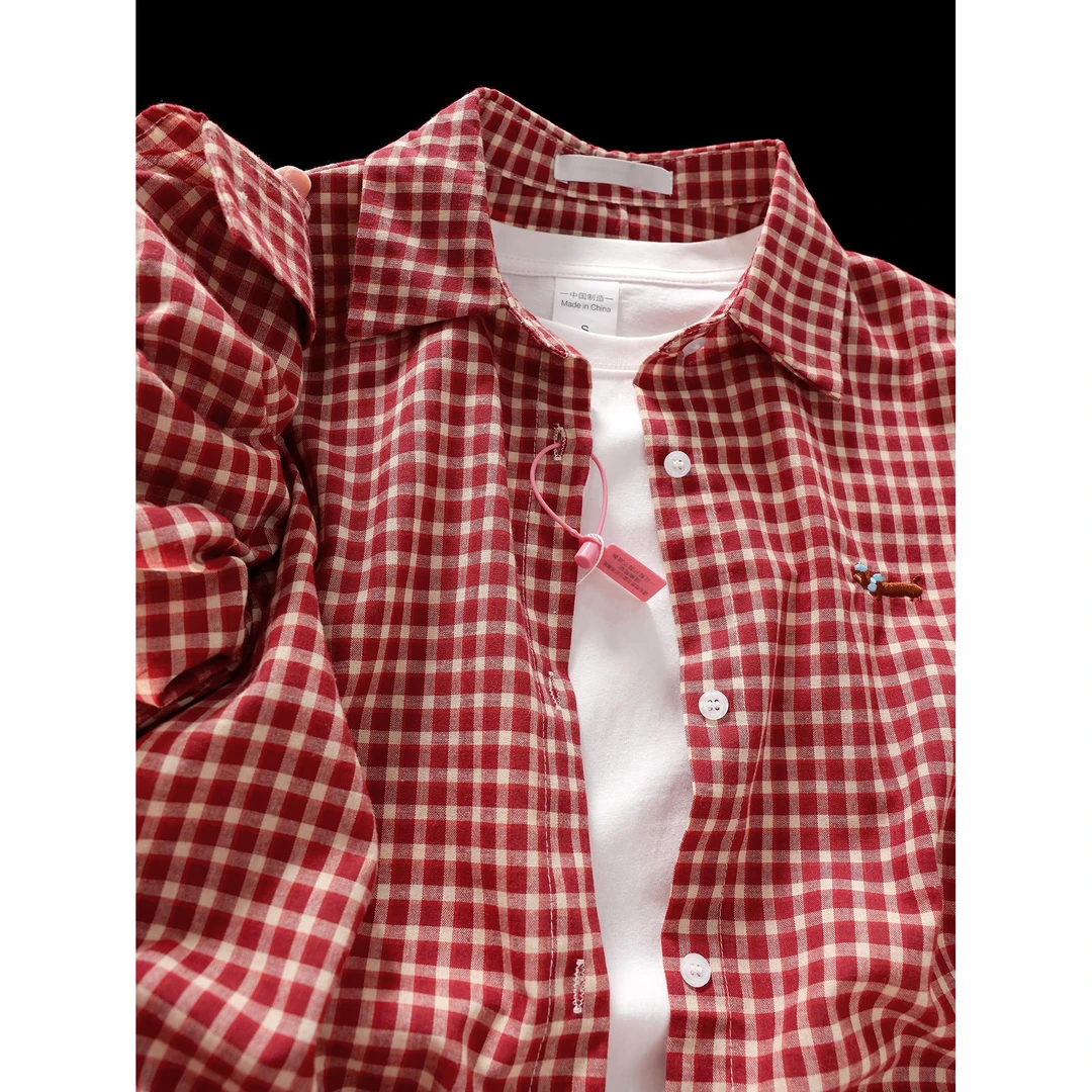 高颜值~让人眼前一亮！宽松格子撞色小狗刺绣长袖衬衫女秋季上衣