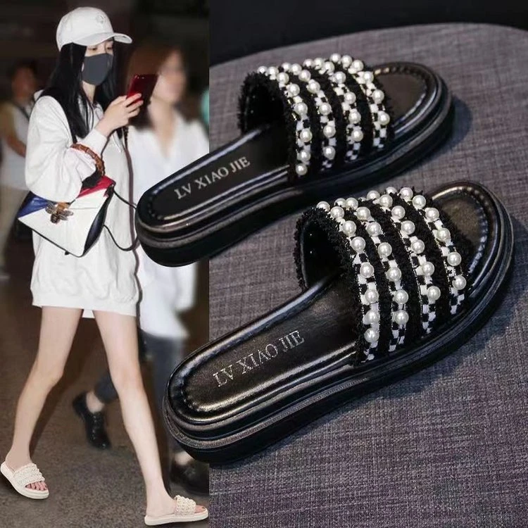 2025夏季新款仙女小香风拖鞋女ins潮外穿一字拖软底轻便凉拖厚底