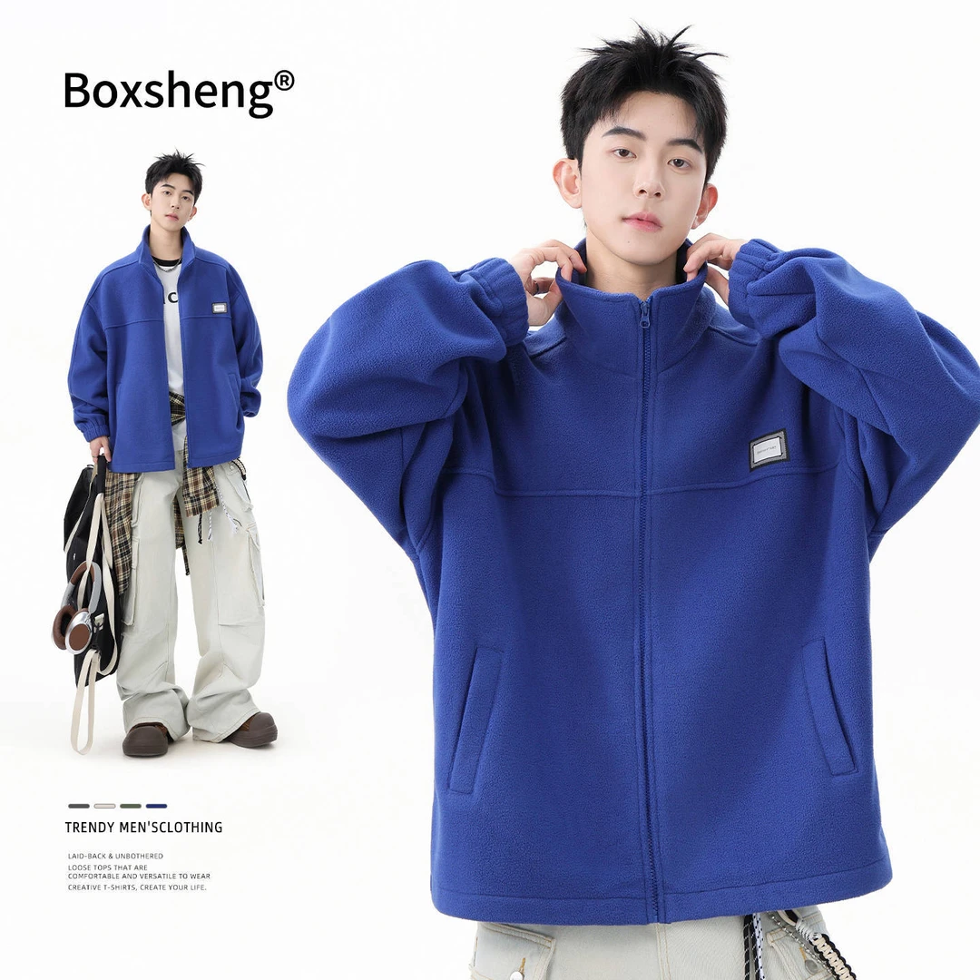 摇粒绒加绒保暖卫衣男款秋冬宽松落肩袖外套新款男生外穿运动上衣