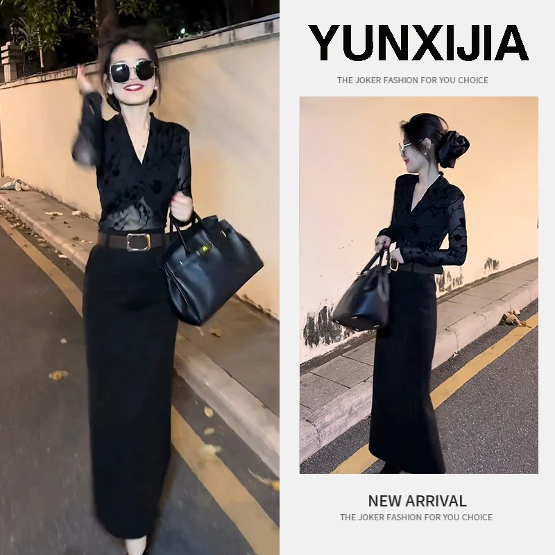 秋冬2025新款V领长袖衬衫女小众设计感气质黑色上衣半身裙两件套