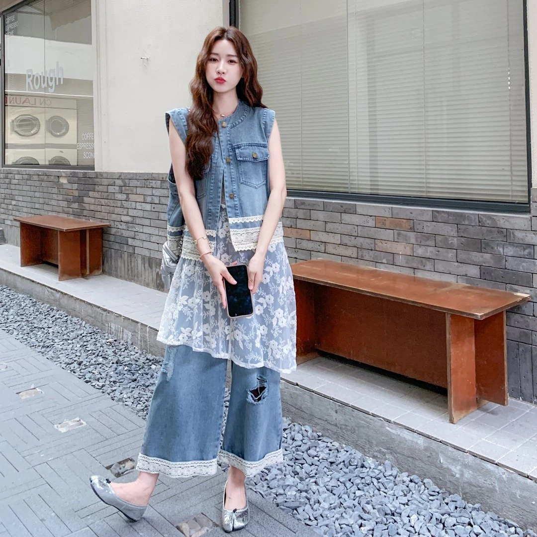蕾丝拼接无袖牛仔阔腿裤套装女2025夏流行大方得体爆款三件套超火