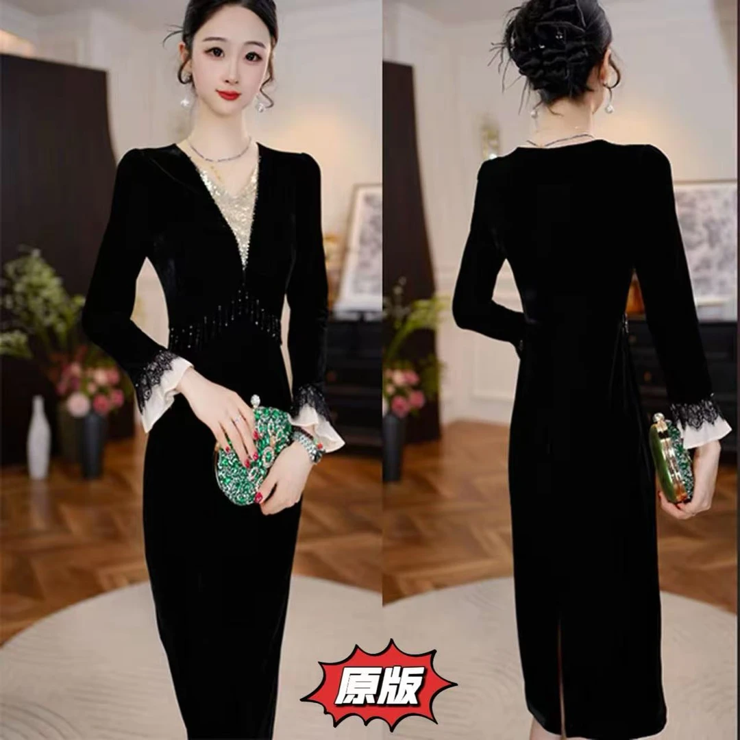 【星芒绮梦】高档丝绒时尚连衣裙2025秋季新款显瘦洋气减龄轻奢裙子