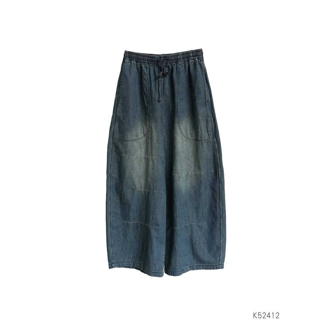 几见 原创设计春夏亚麻棉牛仔裤女宽松休闲裤阔腿裤复古风K52412