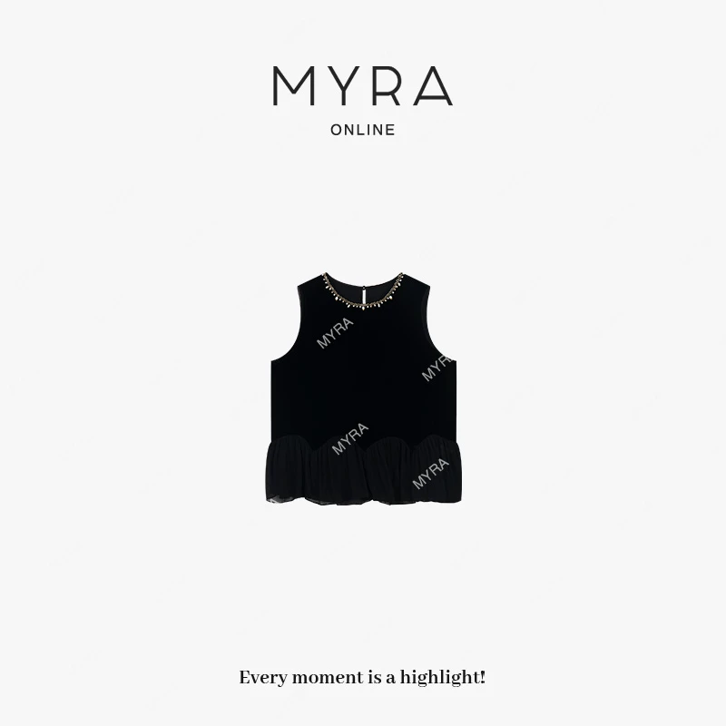 MYRA“新月”100真丝丝绒钉珠荷叶边无袖马甲上衣XMSC025365