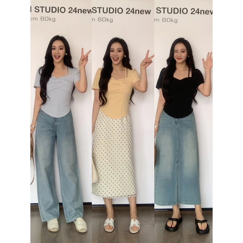 XINYI【层次美学】夏季打褶短袖t恤女修身显瘦百搭上衣X624Y07595