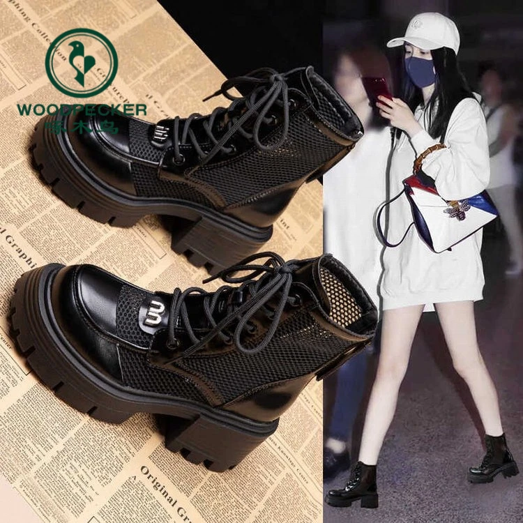 啄木鸟网纱面粗跟马丁靴女2024夏季薄款厚底凉靴小个子增高镂空短