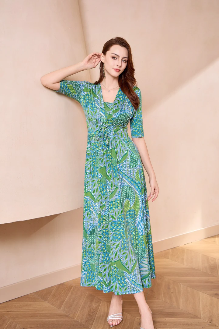 夏季国风民族印花显瘦V领七分袖裹胸长裙25102