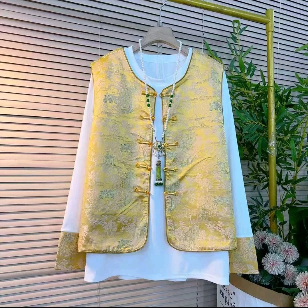 欧货早春新款大码新中式国风盘扣气质马甲两件套时尚显瘦长袖上衣