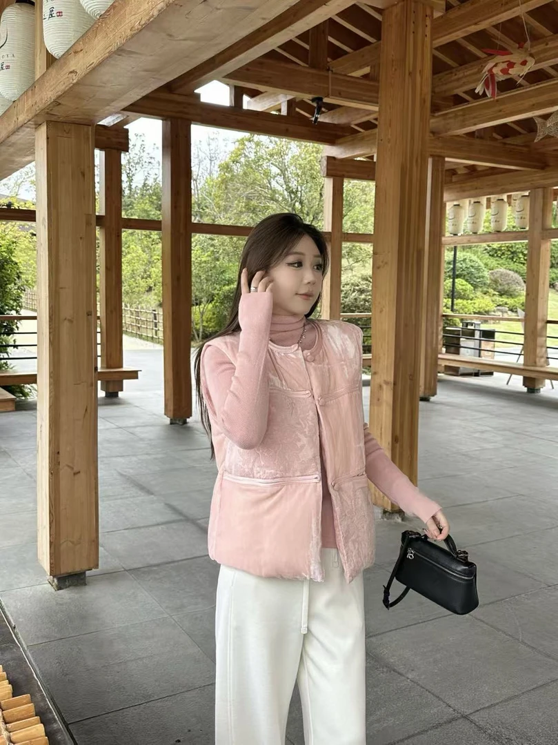 琪琪怪怪大码女装【浮光锦】时尚中国风高级白鸭绒马甲C38133QTQ