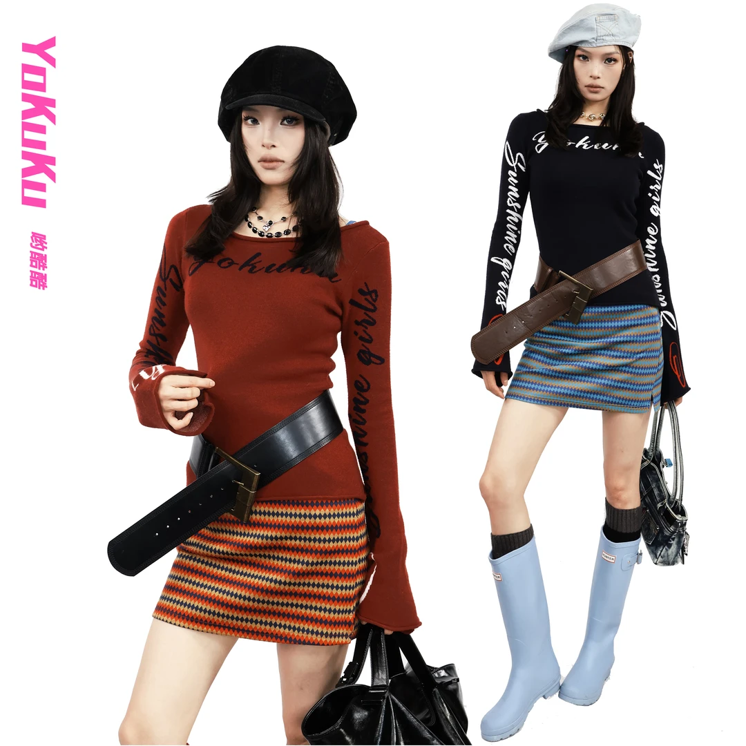 哟酷酷（蛇年新梦）美式多穿字母针织长袖修身显瘦一字肩套头毛衣