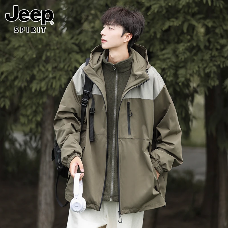 Jeep吉普爆款三合一冲锋夹克男士秋冬新款宽松连帽休闲保暖外套潮