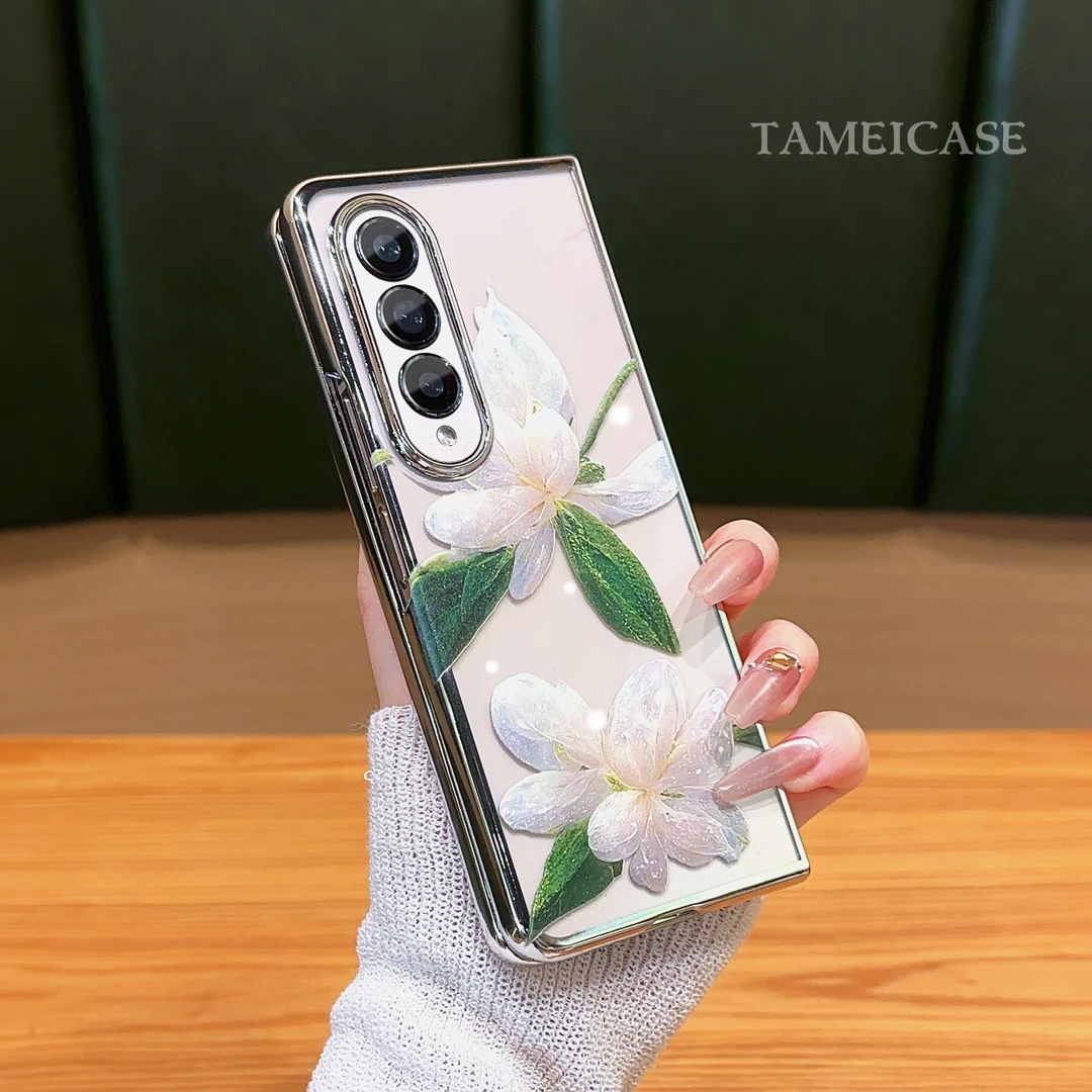 适用【三星ZFOLD4】茉莉花电镀银折叠机高颜值支架简约手机壳女