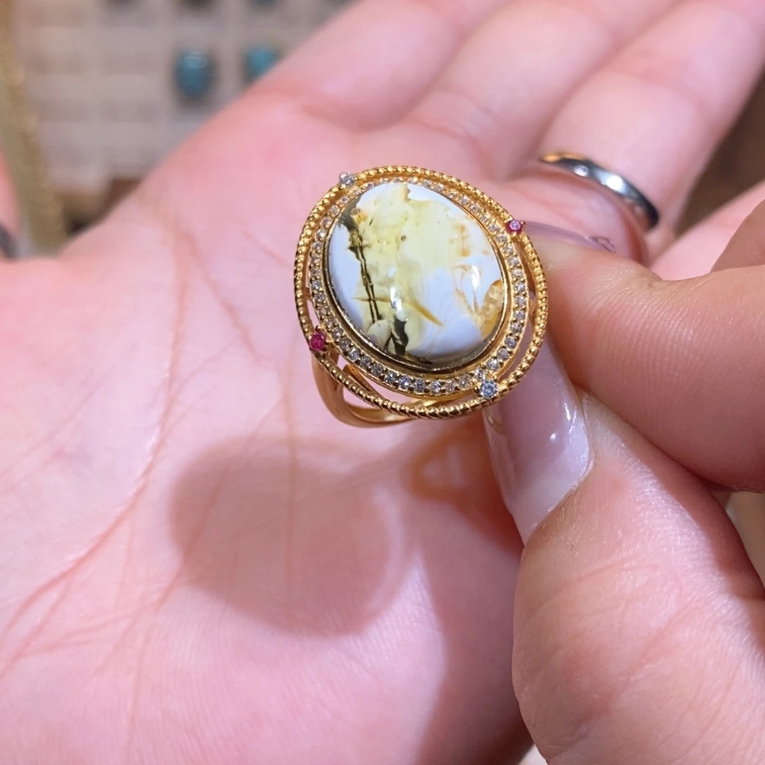 琥珀戒指银S925镀金镶嵌戒指