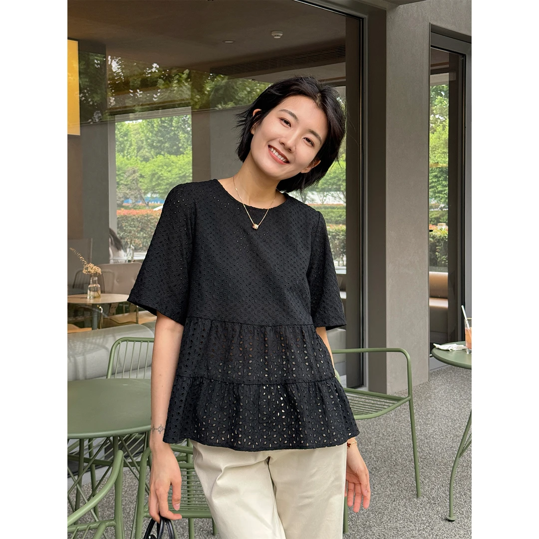 LANGQING 黑色纯棉夏季设计感小众镂空裙摆上衣44702#