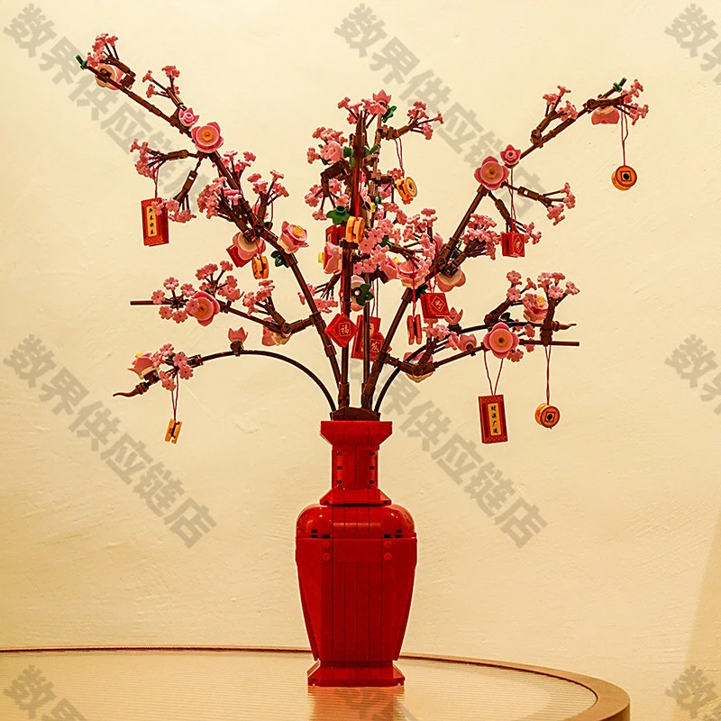 新年桃花积木花束女孩系列拼装玩具玫瑰花朵拼图摆件生日礼物女生