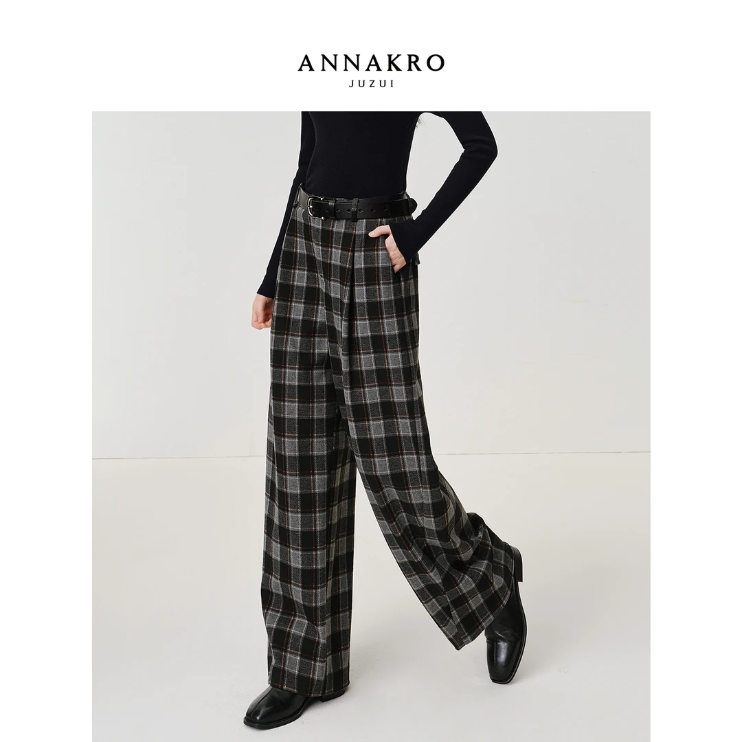 【丽公主专属】玖姿·安娜蔻KWFQ11024格纹休闲弯刀裤女2025秋新款
