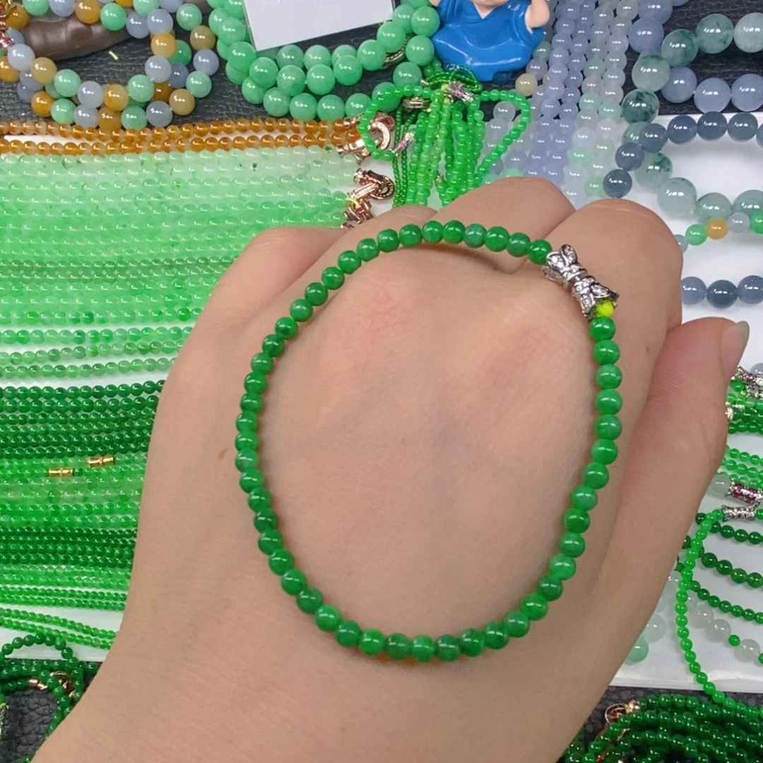 颈饰未镶嵌翡翠缅甸天然翡翠浓阳绿小米珠手链3.5