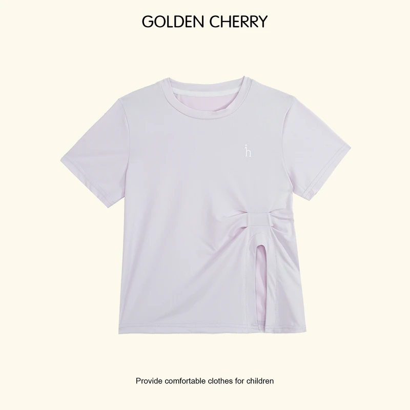 y【金樱桃Golden cherry】小童速干圆领h小标粉色开叉休闲T恤32517