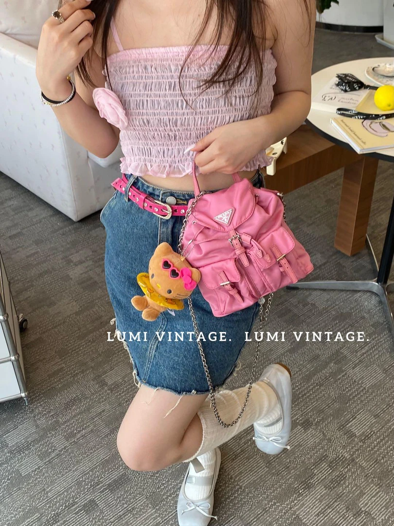 95新 Prada/普拉达 粉色尼龙mini单肩包28355028