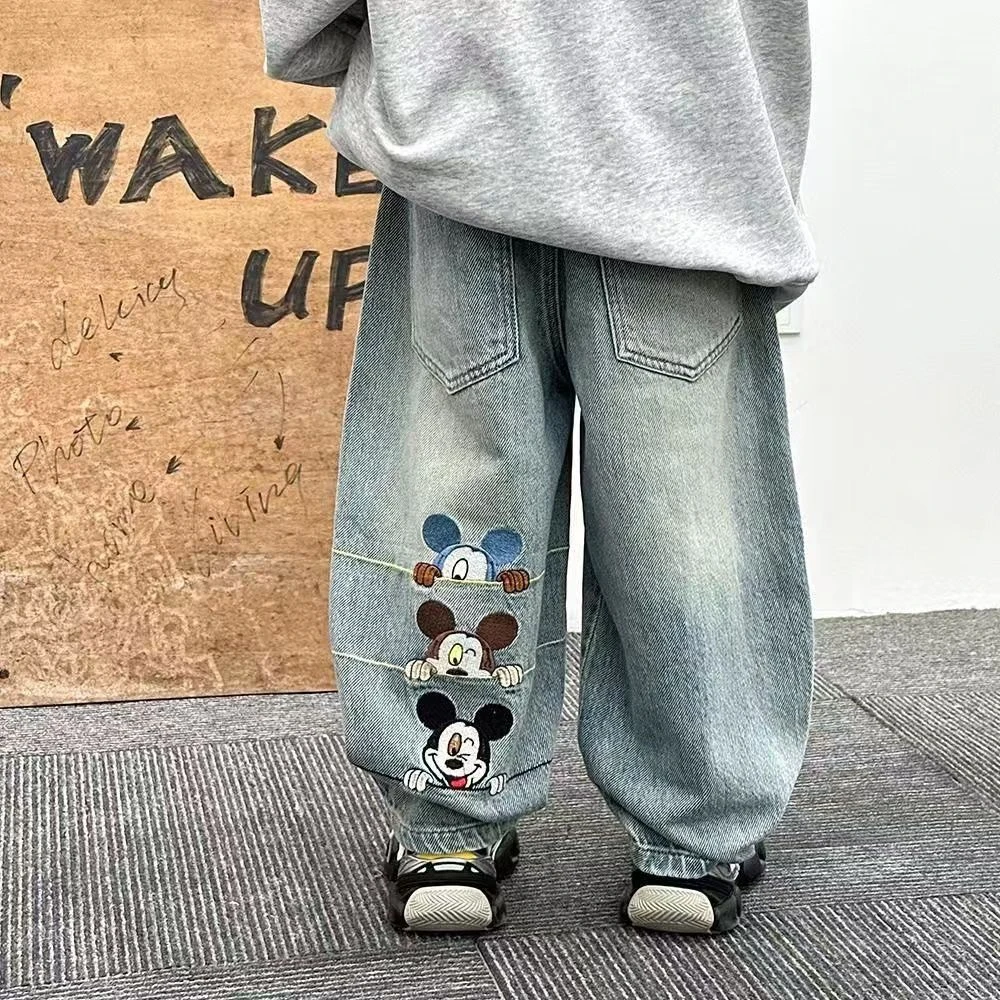儿童男童牛仔裤2025春季宽松儿童裤子男孩牛仔裤卡通刺绣老爹裤潮