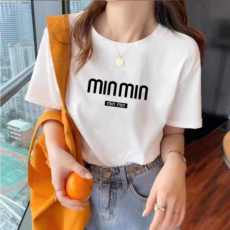 100%棉短袖t恤女2025年夏季新款大码宽松胖MM圆领印花女上衣体恤
