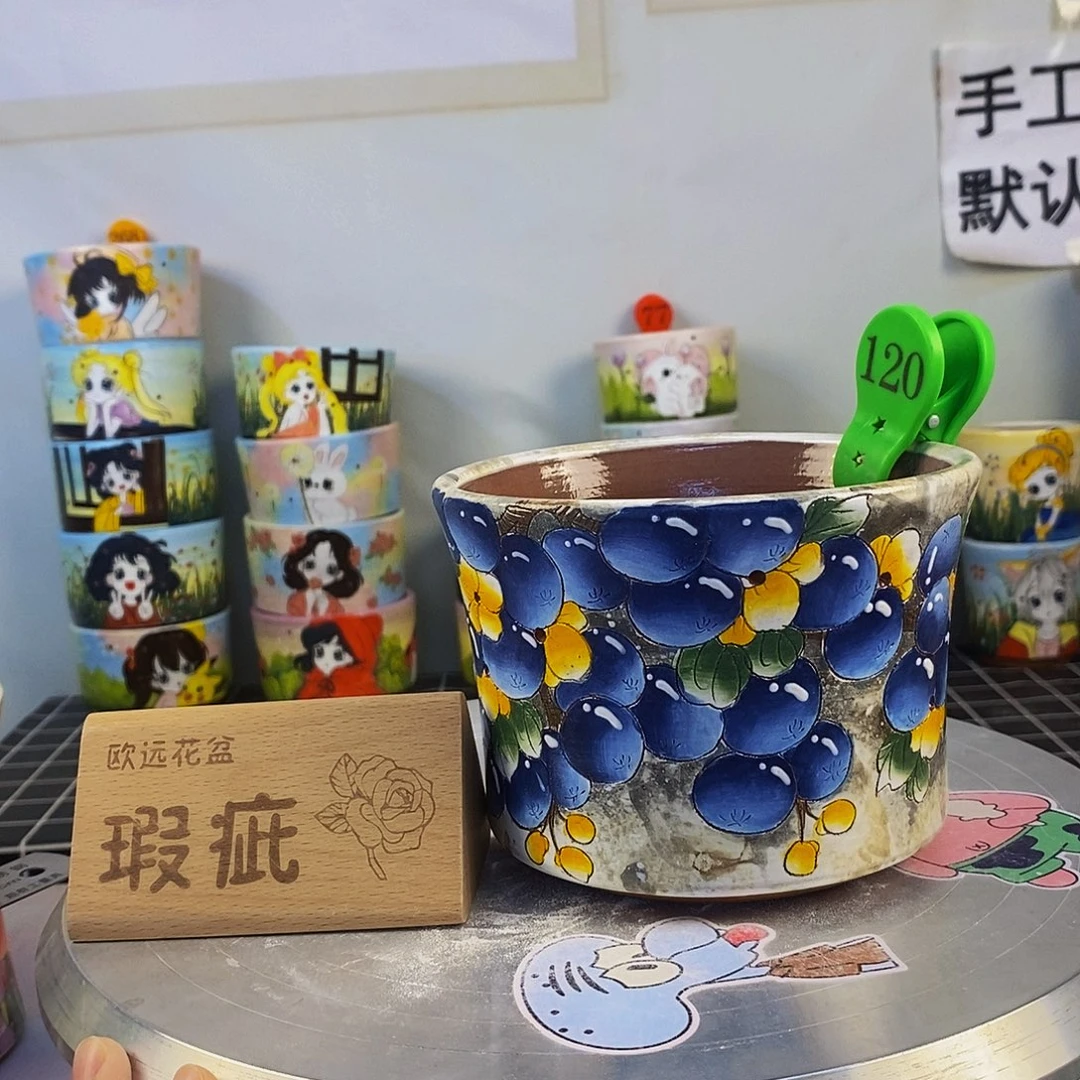 紫砂花盆红陶手绘花盆