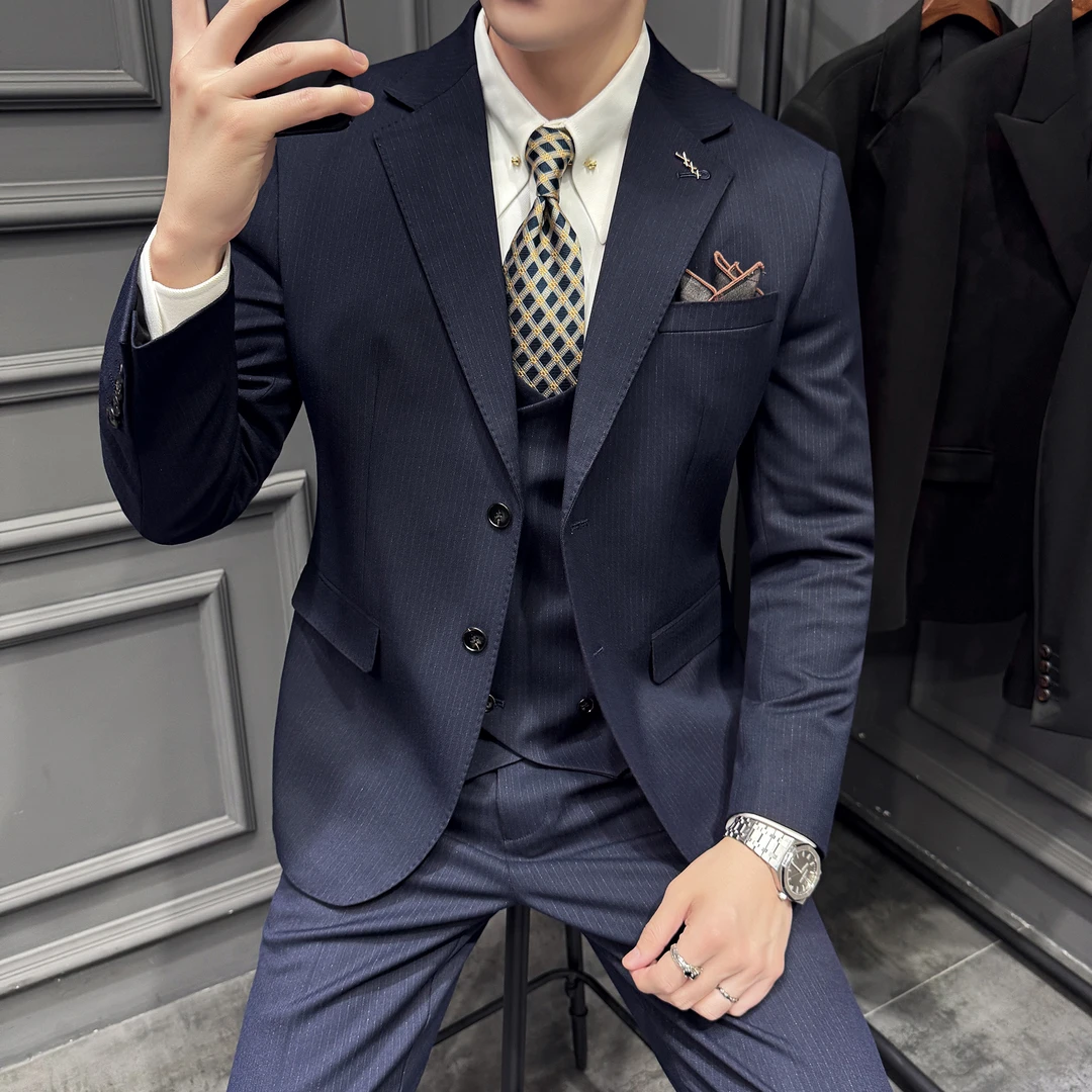 藏青纯色平驳领西装套装礼服男韩版帅气百搭商务休闲结婚新郎礼服