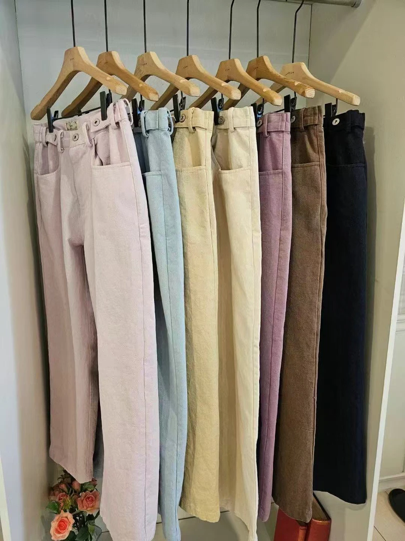 배추❤️泡菜国彩色显瘦百搭扣子直筒高腰裤子NO退换阔腿裤夏季宽松