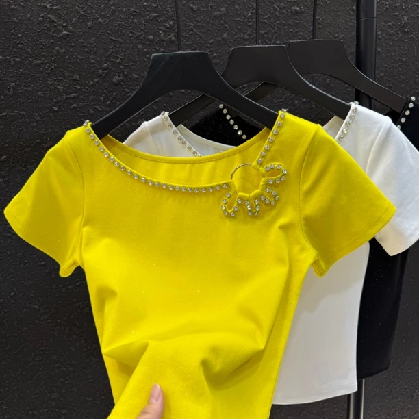 钉钻设计感镂空夏季2025新款短袖t恤女百搭修身上衣178#