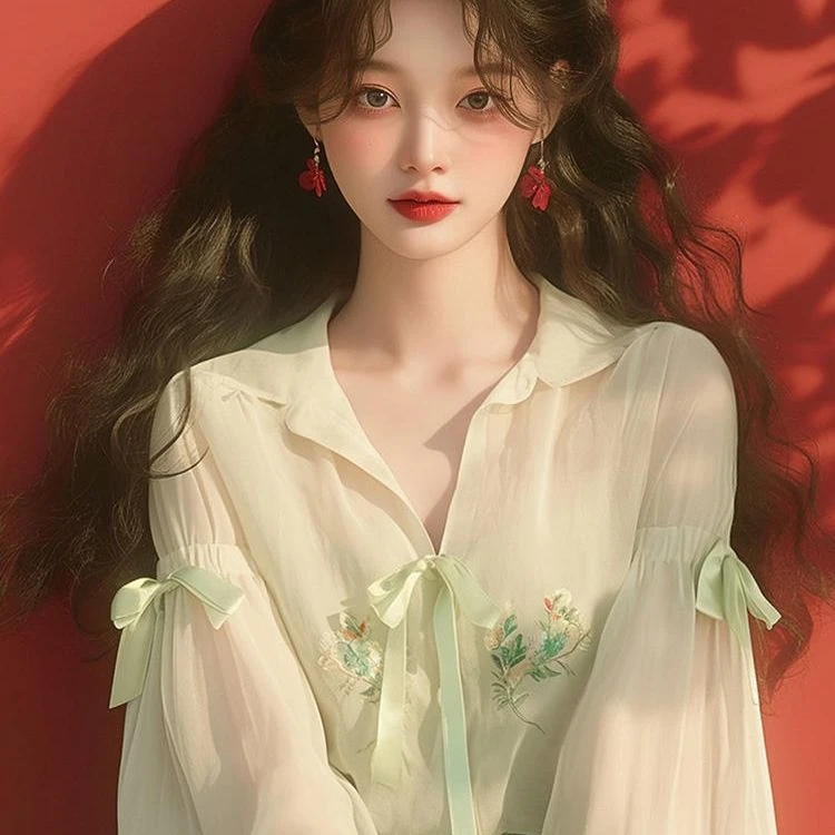 绿色防晒雪纺衬衫2025新款女装甜美公主风独特超好看长袖上衣