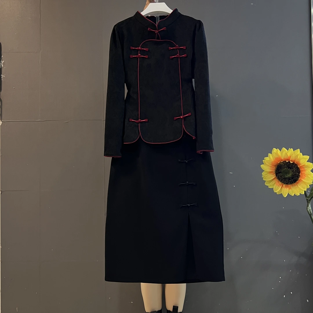 新款时尚复古中式国风立领盘扣上衣➕半身裙洋气显瘦两件