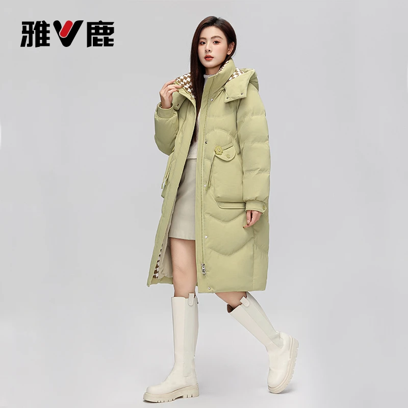 雅鹿90白鸭绒中长款羽绒服时尚连帽加厚宽松过膝防风保暖外套n