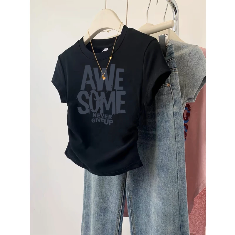 t恤女2025新款褶皱收腰修身上衣夏季潮ins大码胖mm正肩短款短