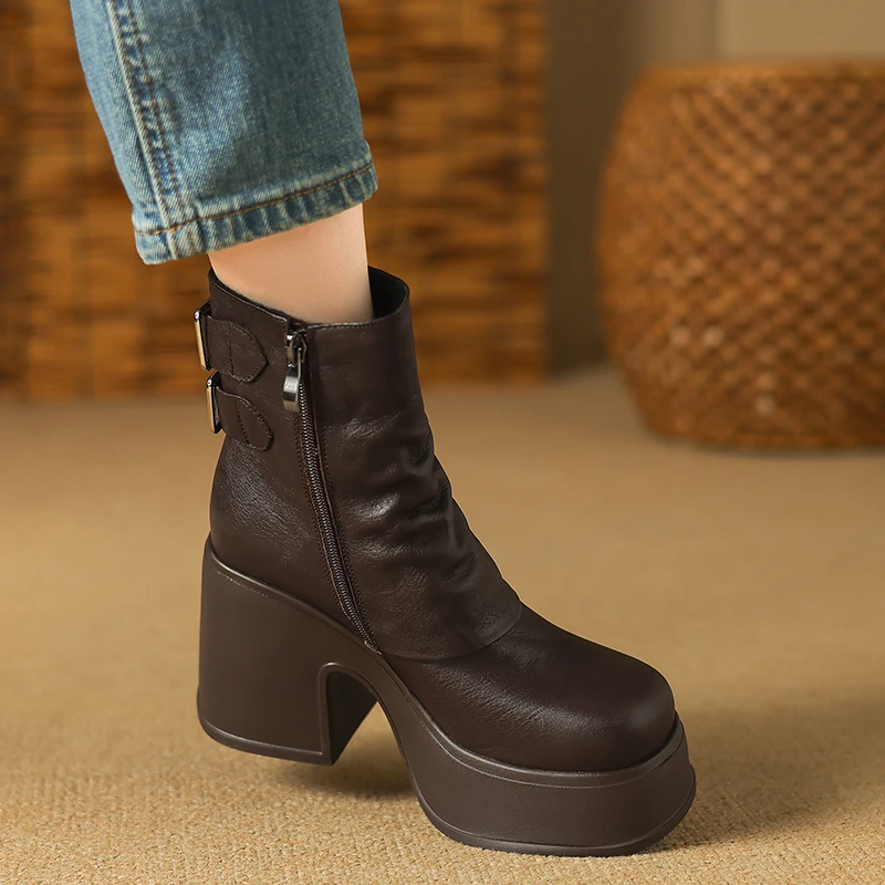 时尚美拉德靴子女10cm厚底防水台高跟短靴真皮单靴秋冬粗跟裤管靴